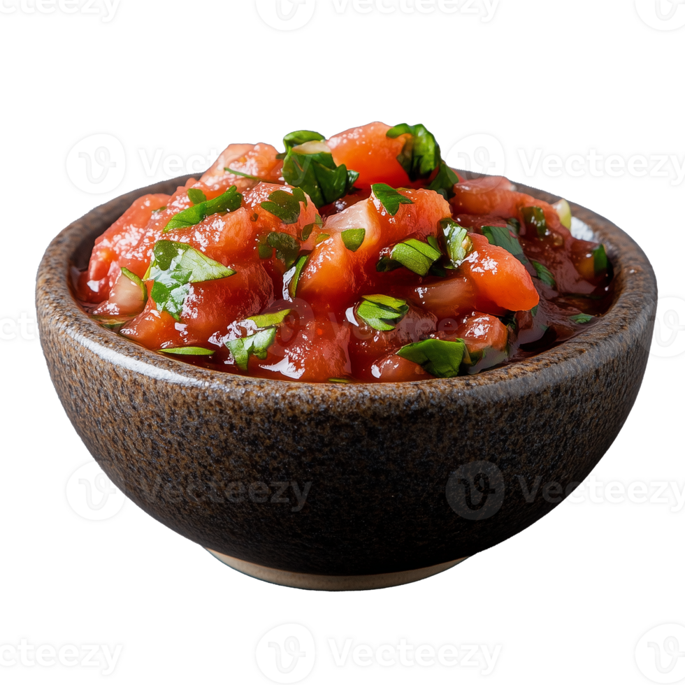 Fresh Salsa in Rustic Bowl with Herbs on Transparent Background png