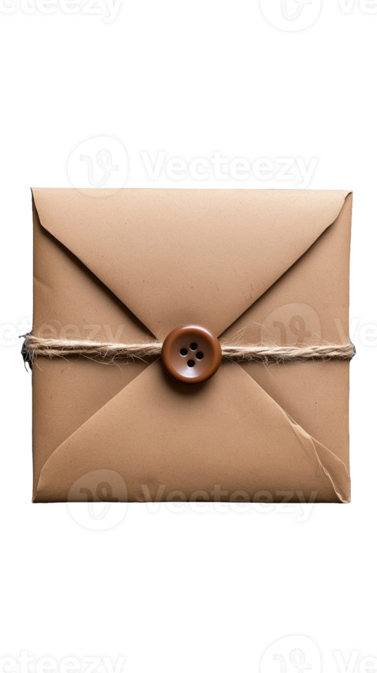 Brown envelope with button closure and string tie on transparent background png