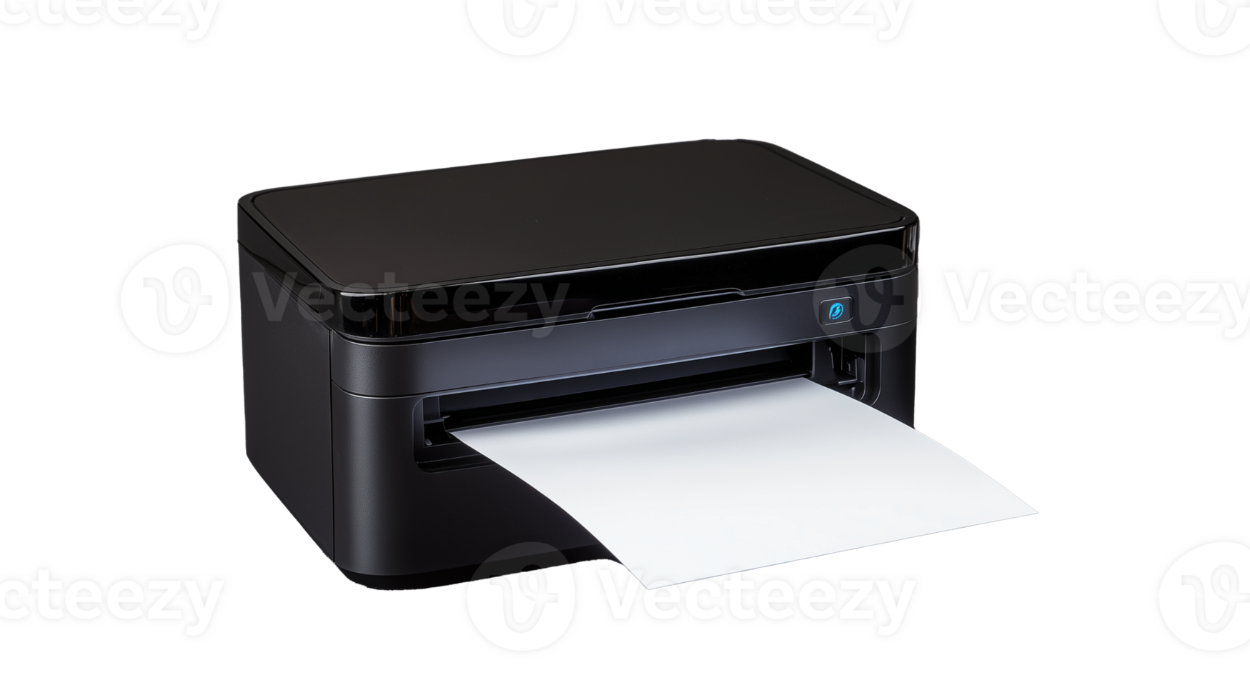 Black printer with paper output and sleek design on transparent background png
