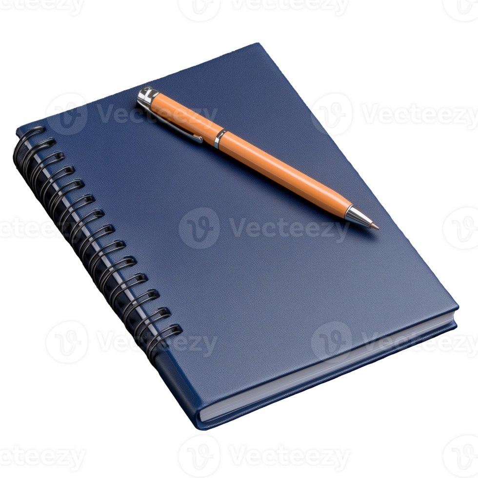 Navy blue spiral notebook with orange pen placed on transparent background png