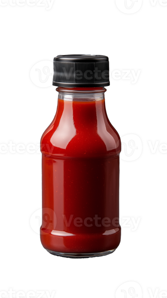 Red sauce bottle with black lid, ketchup condiment, glass container, glossy finish, on transparent background png