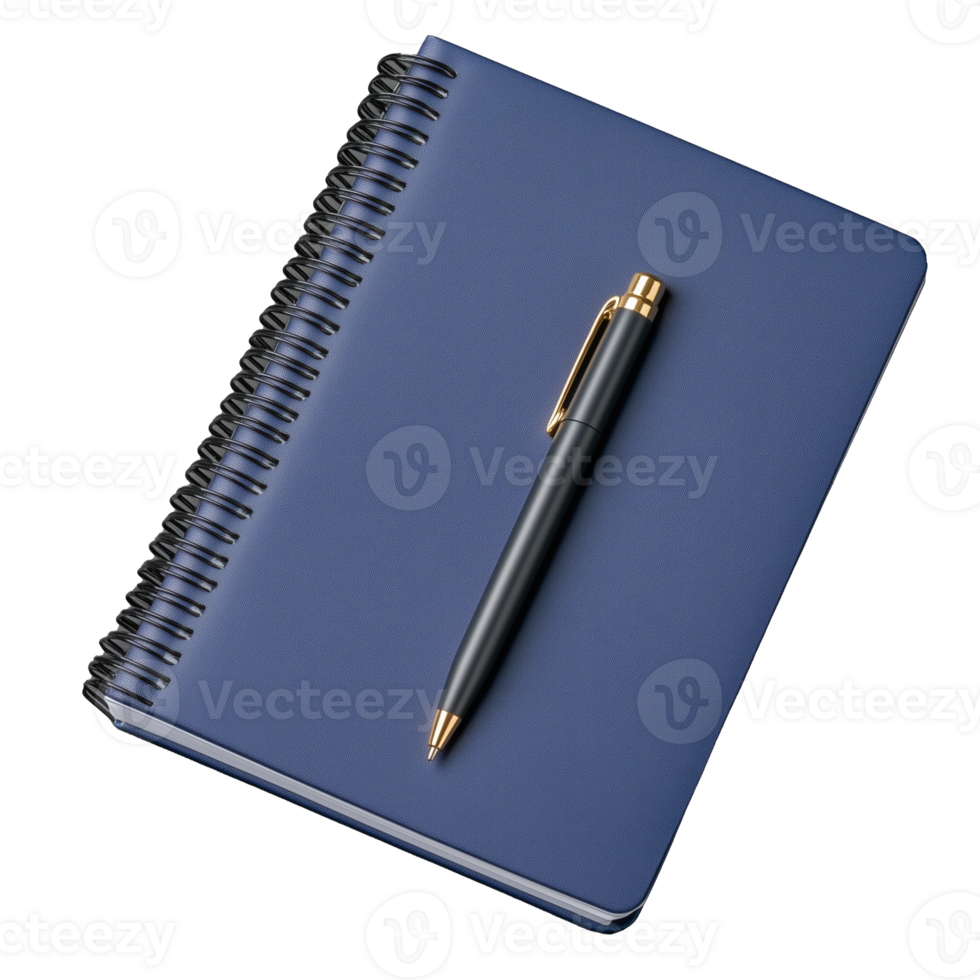 Navy blue spiral notebook with pen on transparent background png