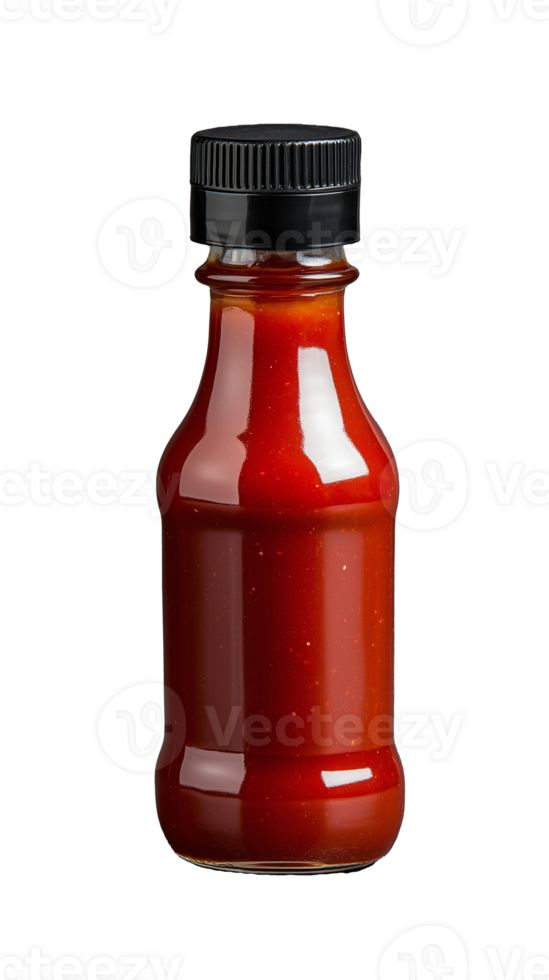 Bottle of red sauce with a black cap on transparent background png