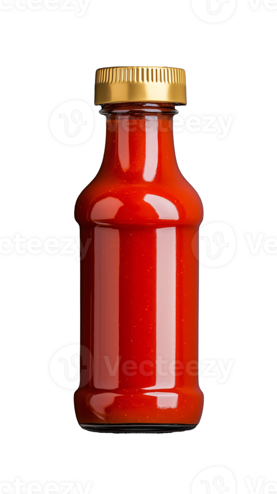 Red condiment bottle with gold cap and glossy finish on transparent background png