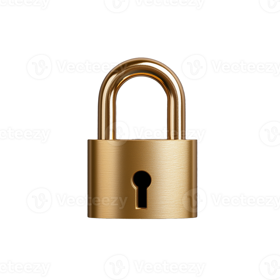 golden Vorhängeschloss mit Schlüsselloch, glänzend metallisch Textur, sichern Design, Nahansicht Aussicht auf transparent Hintergrund png