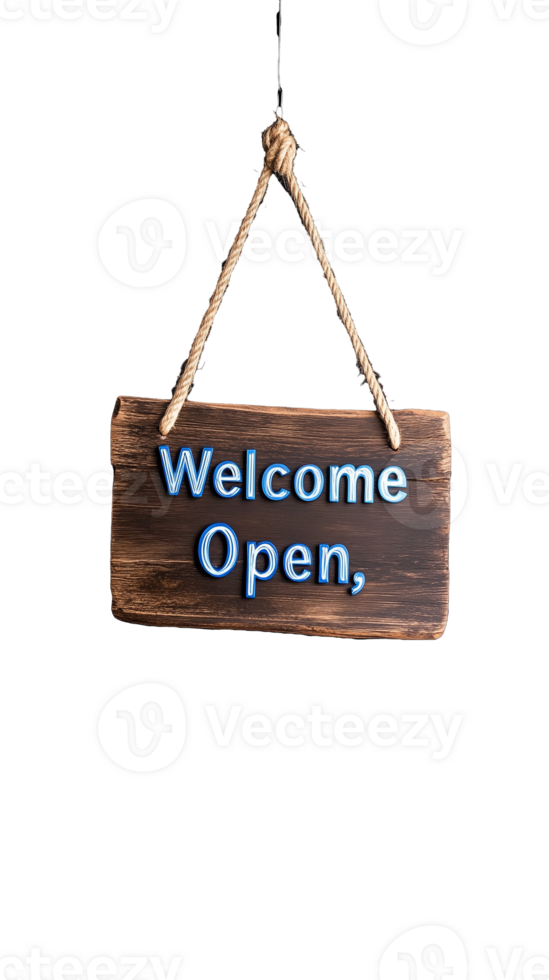Welcome Open sign with rustic wooden texture and bright lettering on transparent background png