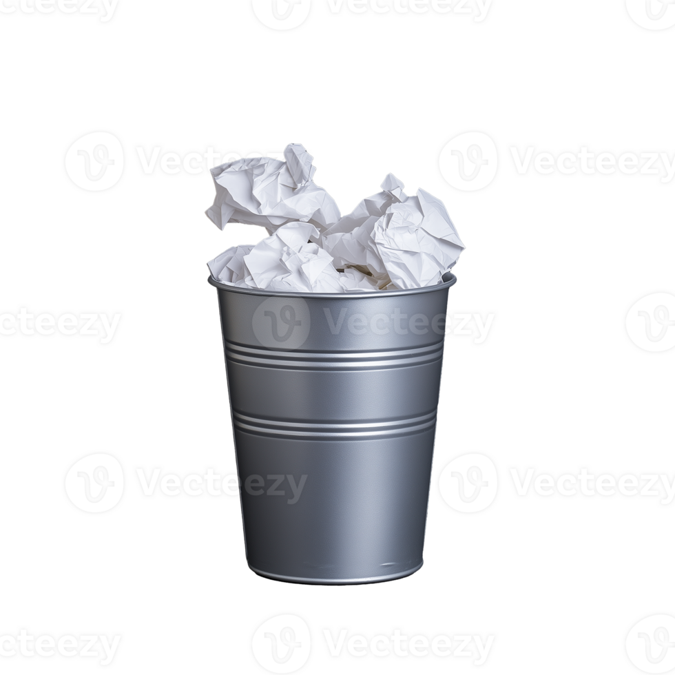 Silver trash bin filled with crumpled paper on transparent background png