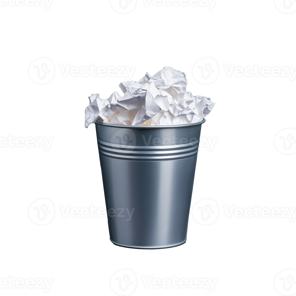 Silver trash bin filled with crumpled paper on transparent background png