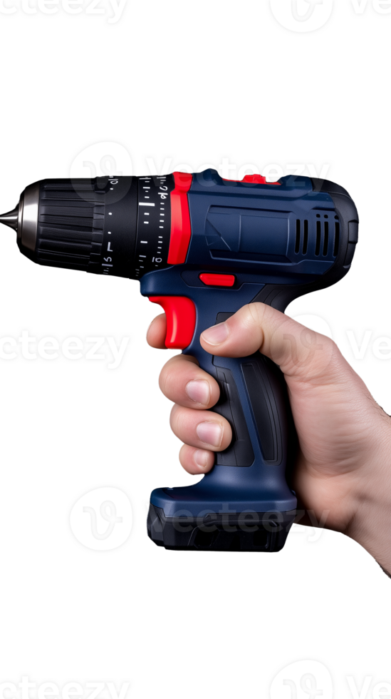 Handheld cordless power drill with adjustable torque settings on transparent background png