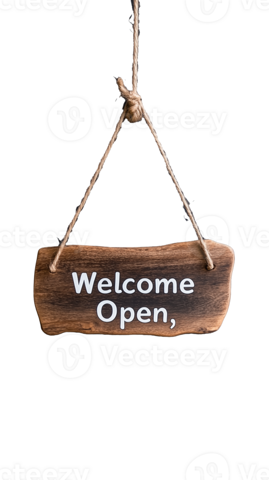 Wooden Welcome Open Sign Hanging on Transparent Background png