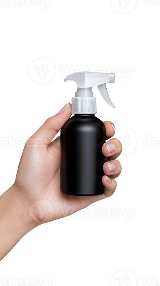 Hand holding black spray bottle with white nozzle on transparent background png