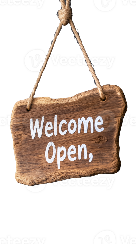 Rustic wooden sign with Welcome Open text hanging on a rope on transparent background png