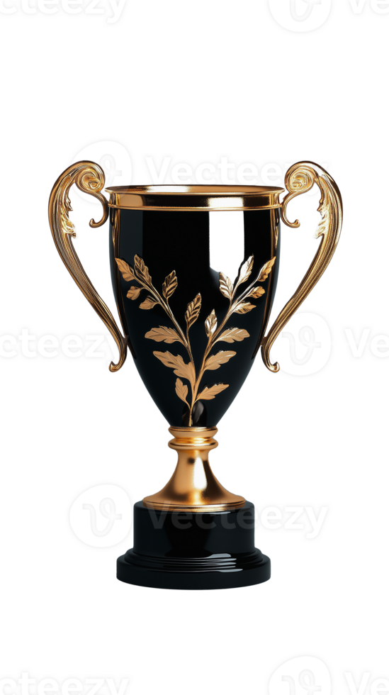 Elegant black trophy with golden accents and decorative leaves on transparent background png