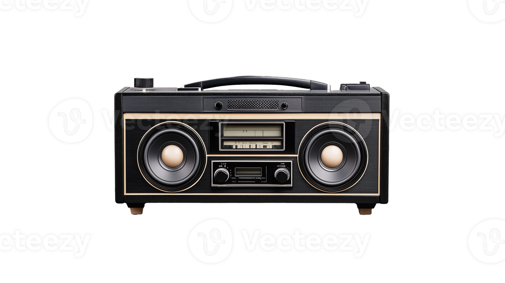 Retro cassette player with dual speakers and analog display on transparent background png