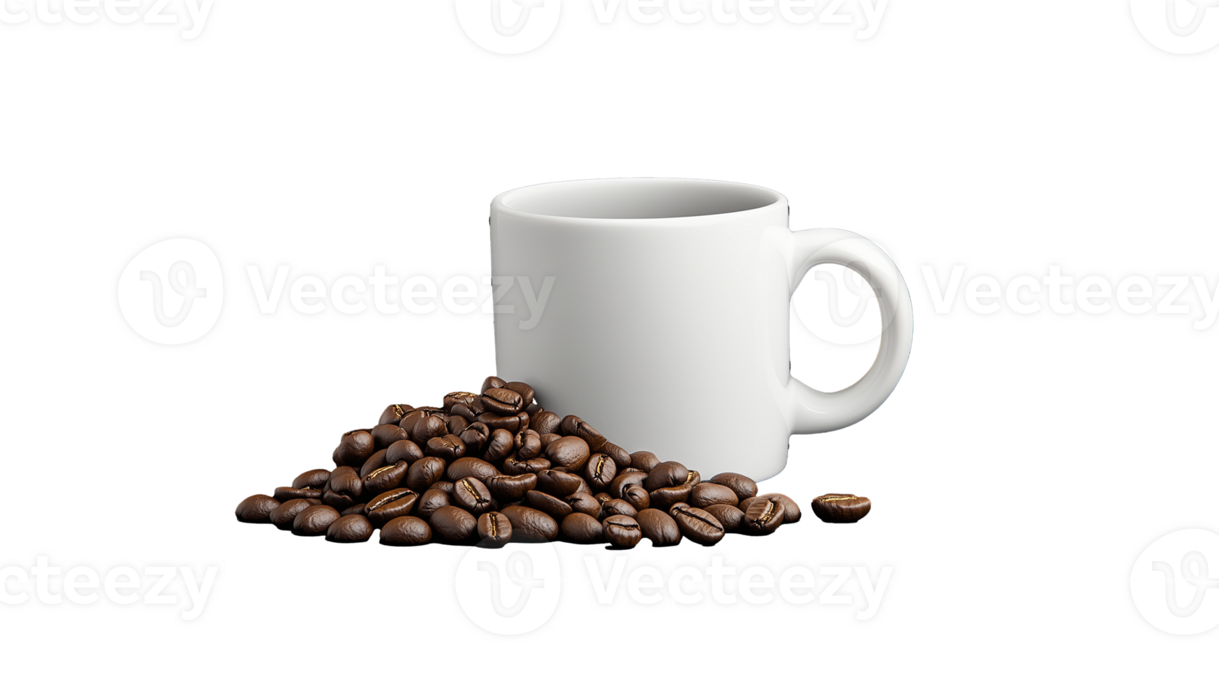 White coffee cup with roasted coffee beans on transparent background png