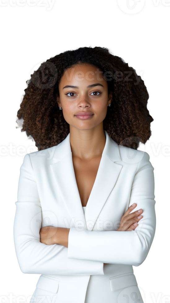 Confident businesswoman in white suit with curly hair on transparent background png