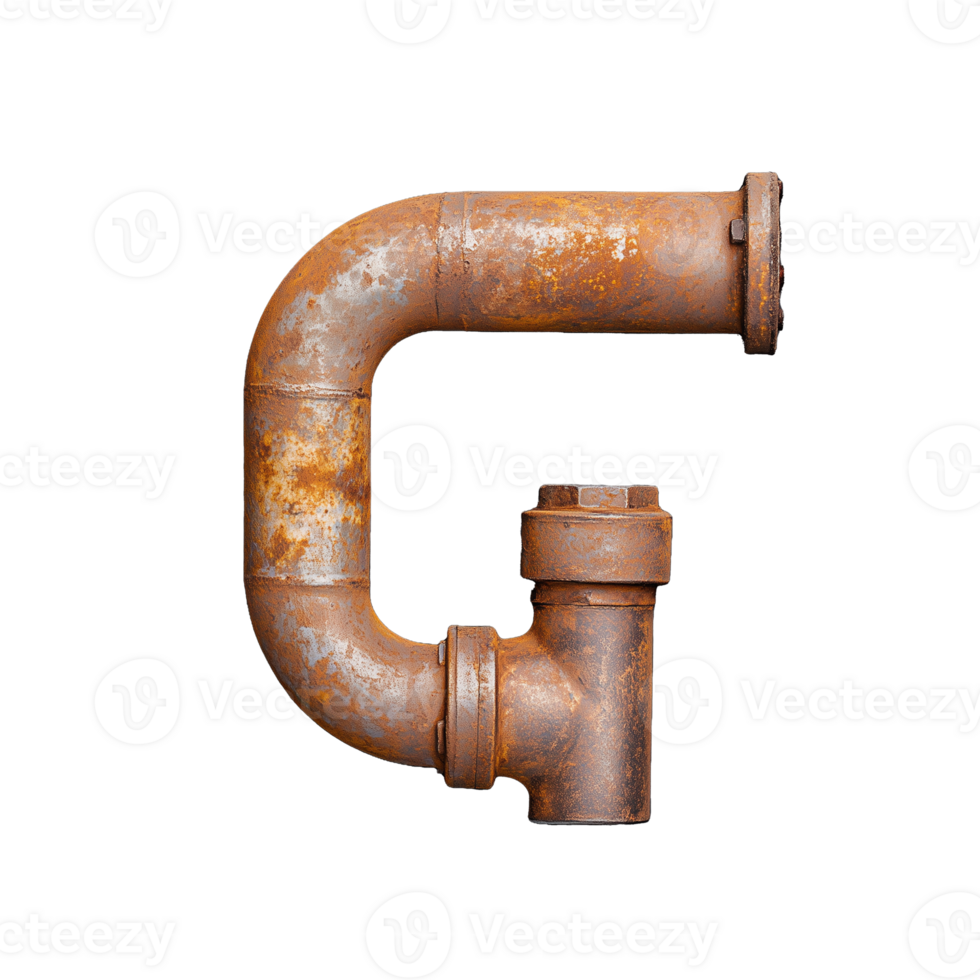 Rusty industrial pipe fitting with threaded joint and curved design on transparent background png