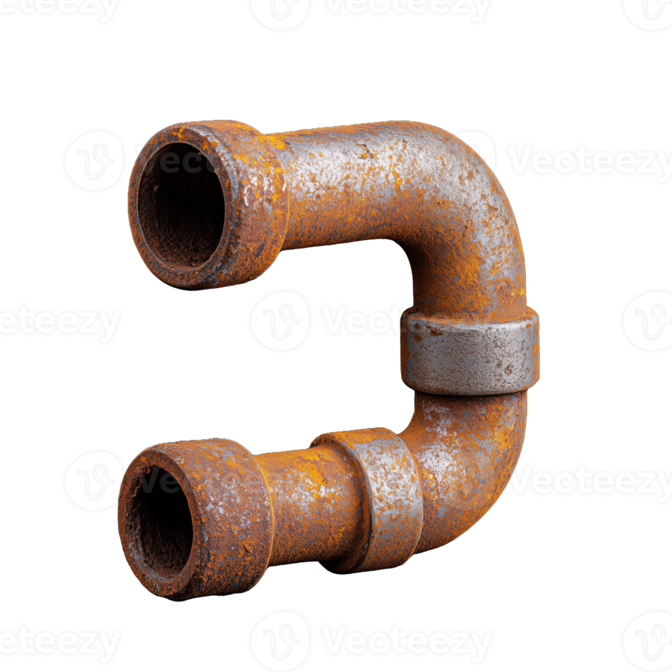 Rusty metal pipe fitting in a curved shape on transparent background png