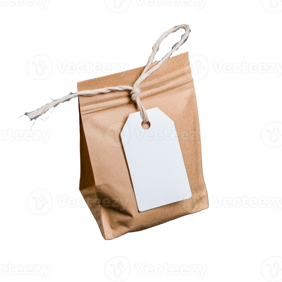 Brown paper bag with blank tag tied with twine on transparent background png
