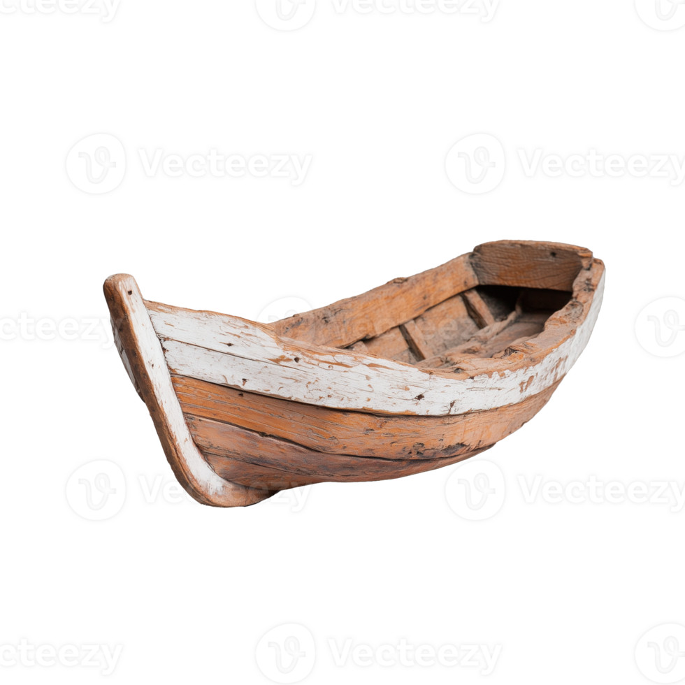 Vintage wooden boat model with intricate details and rustic charm on transparent background png