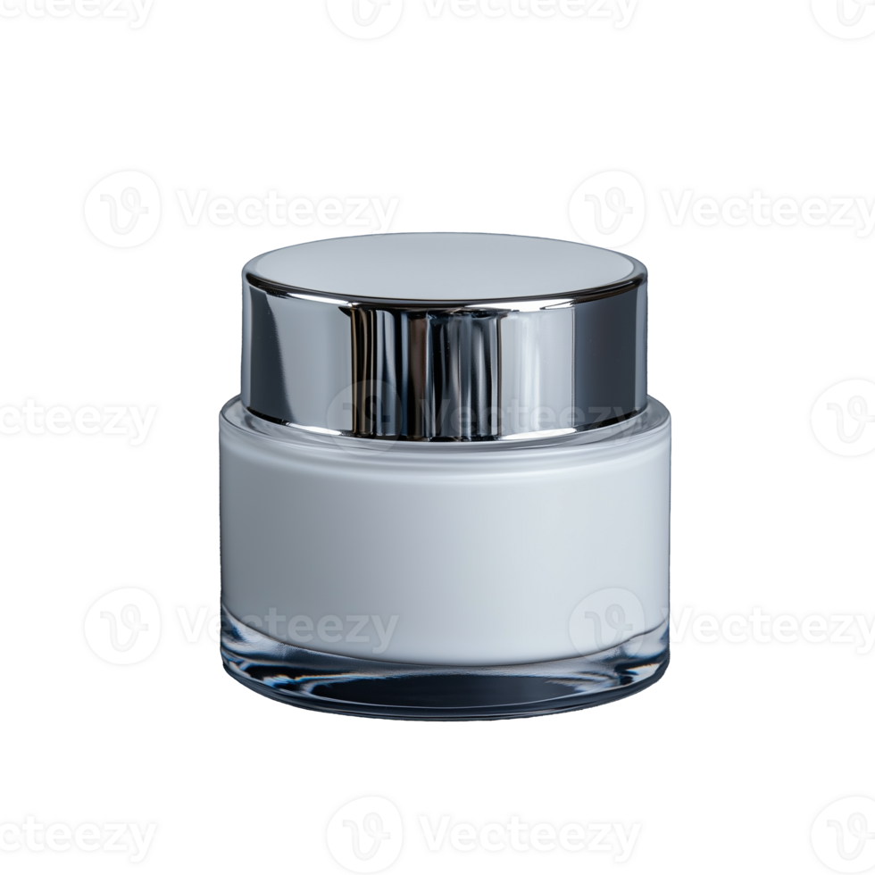 Modern cosmetic cream jar with silver lid and glass base on transparent background png