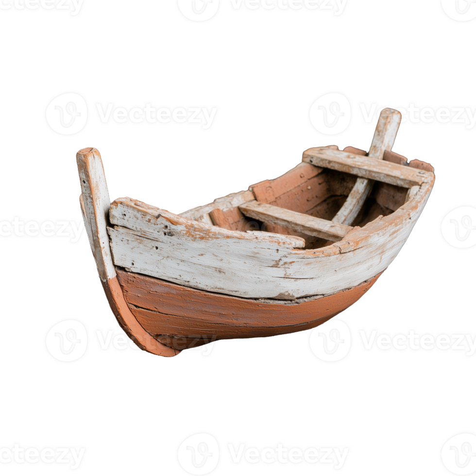 Rustic wooden fishing boat model with detailed texture and weathered finish on transparent background png