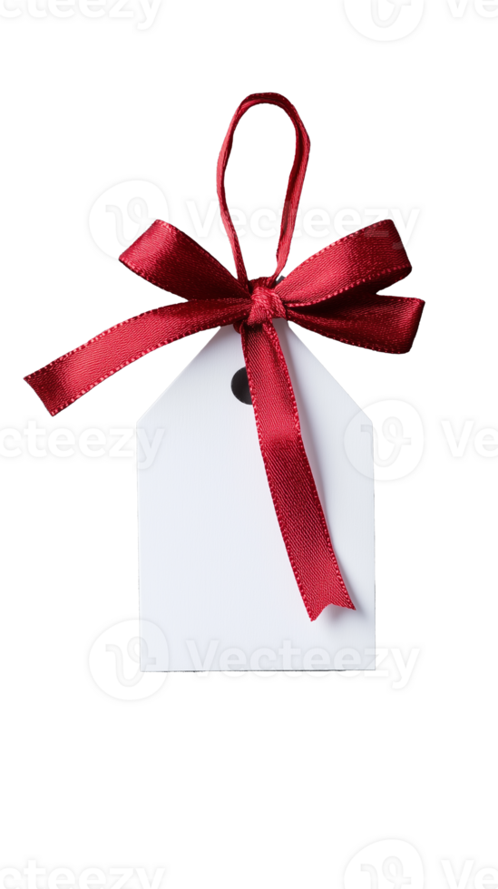 White gift tag with red satin bow and hole on transparent background png
