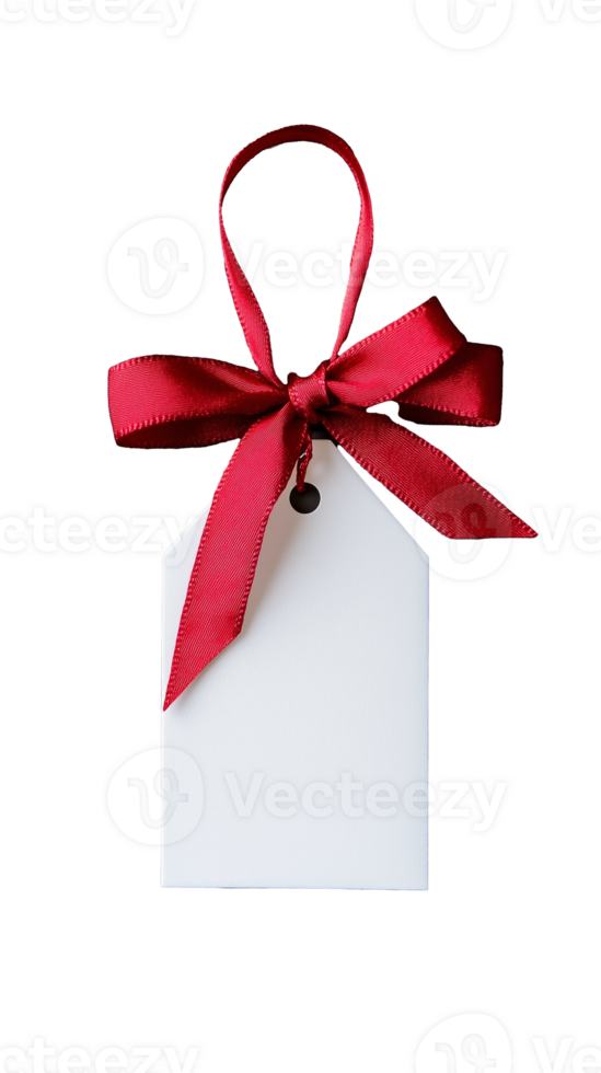 Blank gift tag with red ribbon bow and hole on transparent background png