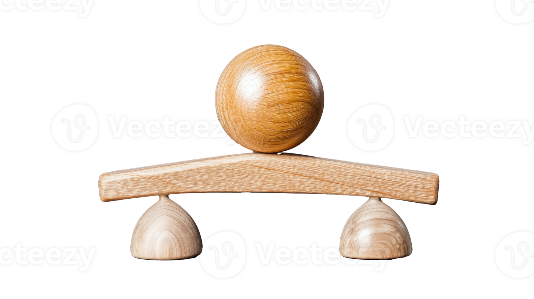 Wooden balance toy with spherical piece and curved base on transparent background png
