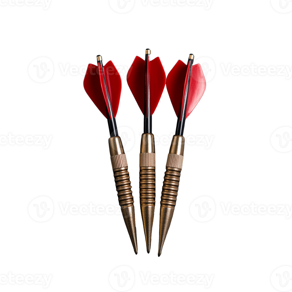 Three red dart arrows with metal tips and textured barrels on transparent background png