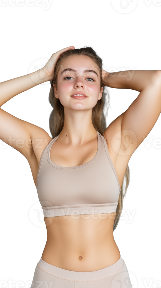 Fit young woman in activewear with hands on head on transparent background png