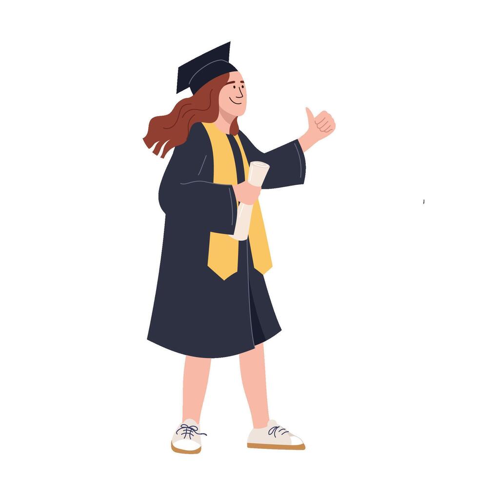 Happy female student character celebrating graduation Bachelor graduate dressed in gown shows thumbs up rejoicing at finishing studies Girl smiling celebrating new chapter flat illustration vector