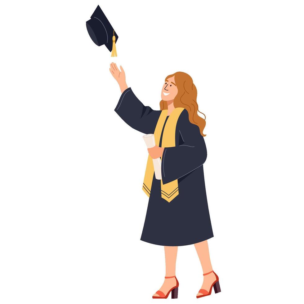 Happy female student character celebrating graduation Bachelor graduate dressed in gown throwing up her cap rejoicing at finishing studies Girl smiling celebrating new chapter flat illustration vector