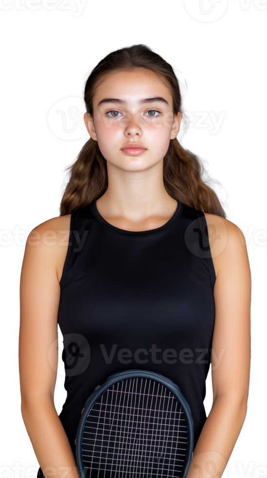 Young female athlete holding a tennis racket in sports attire on transparent background png