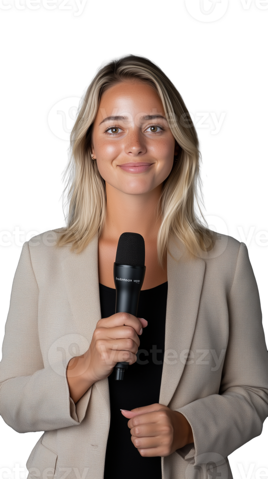 Confident woman holding microphone in professional attire on transparent background png