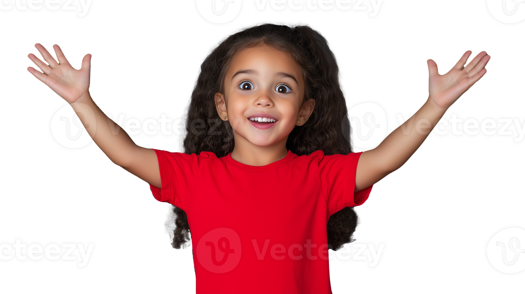 Happy young girl with curly hair smiling joyfully and raising hands on transparent background png