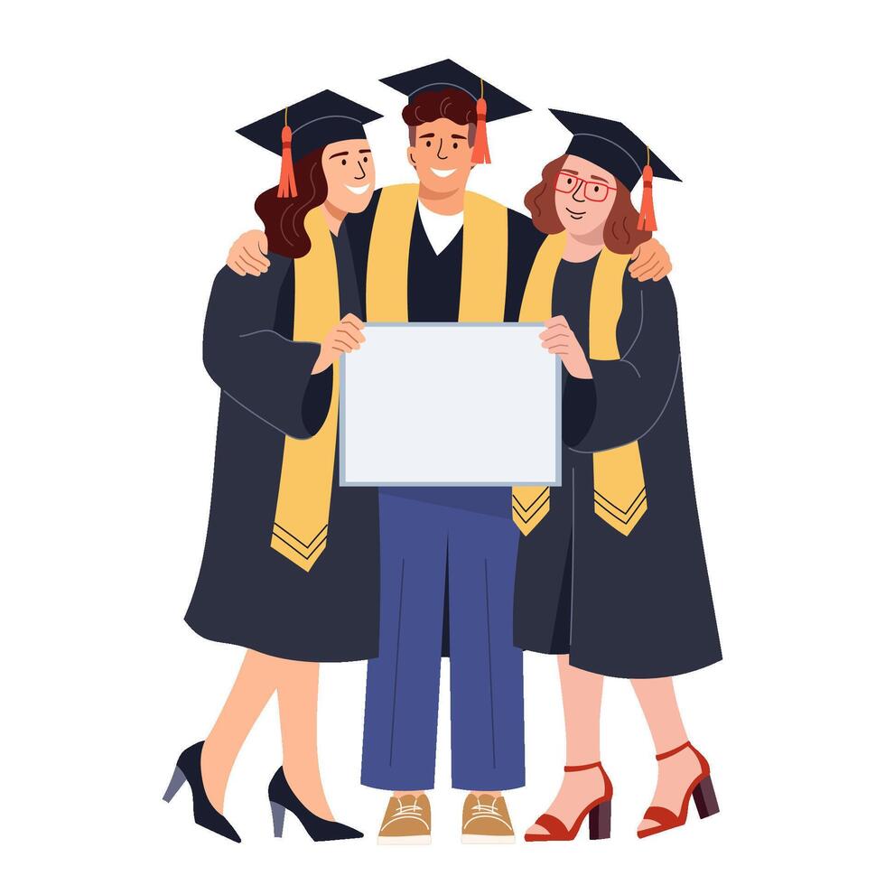 Graduates in mantles and academical caps hold frame for your inscription. Students friends smiling stands together joyful of their academic achievements. Flat illustration vector