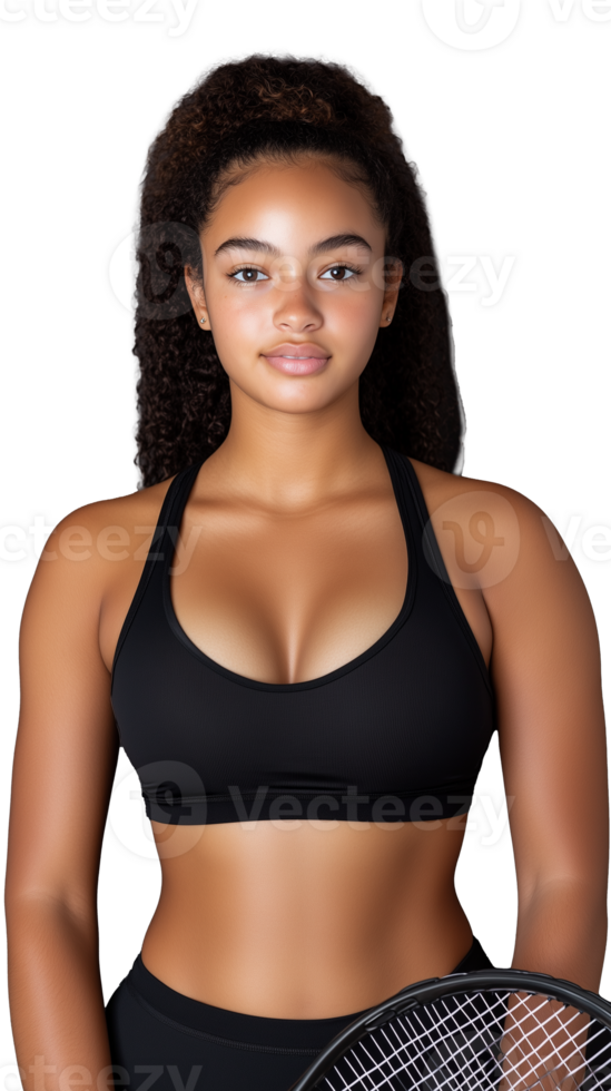 Athletic young woman in sports attire holding a tennis racket on transparent background png