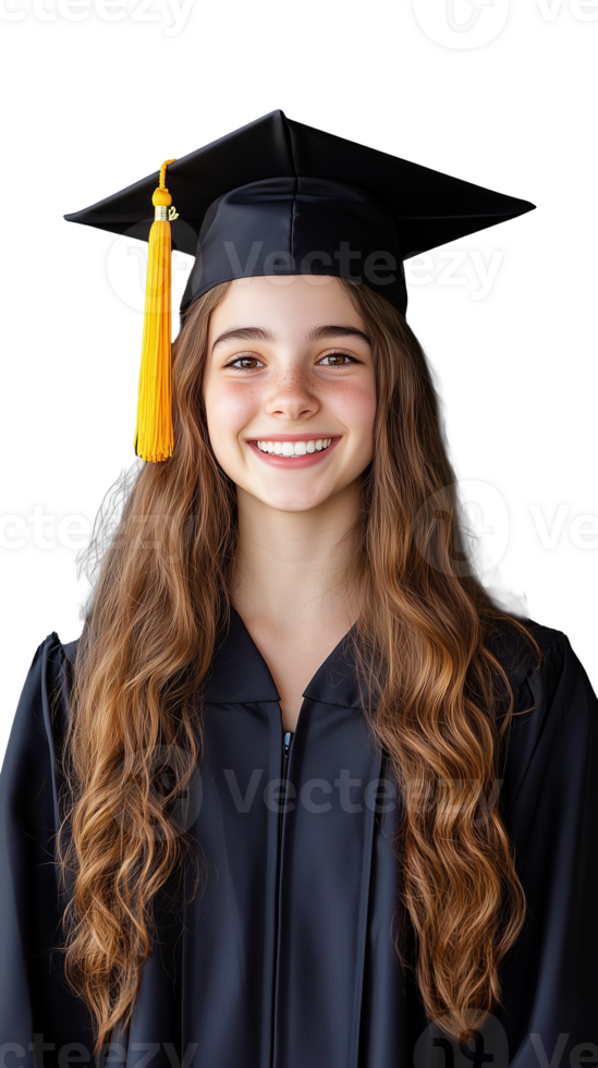 Smiling graduate in black gown and cap with yellow tassel on transparent background png