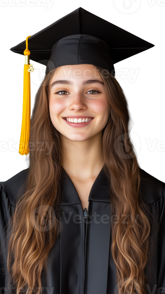 Happy female graduate in cap and gown smiling confidently on transparent background png