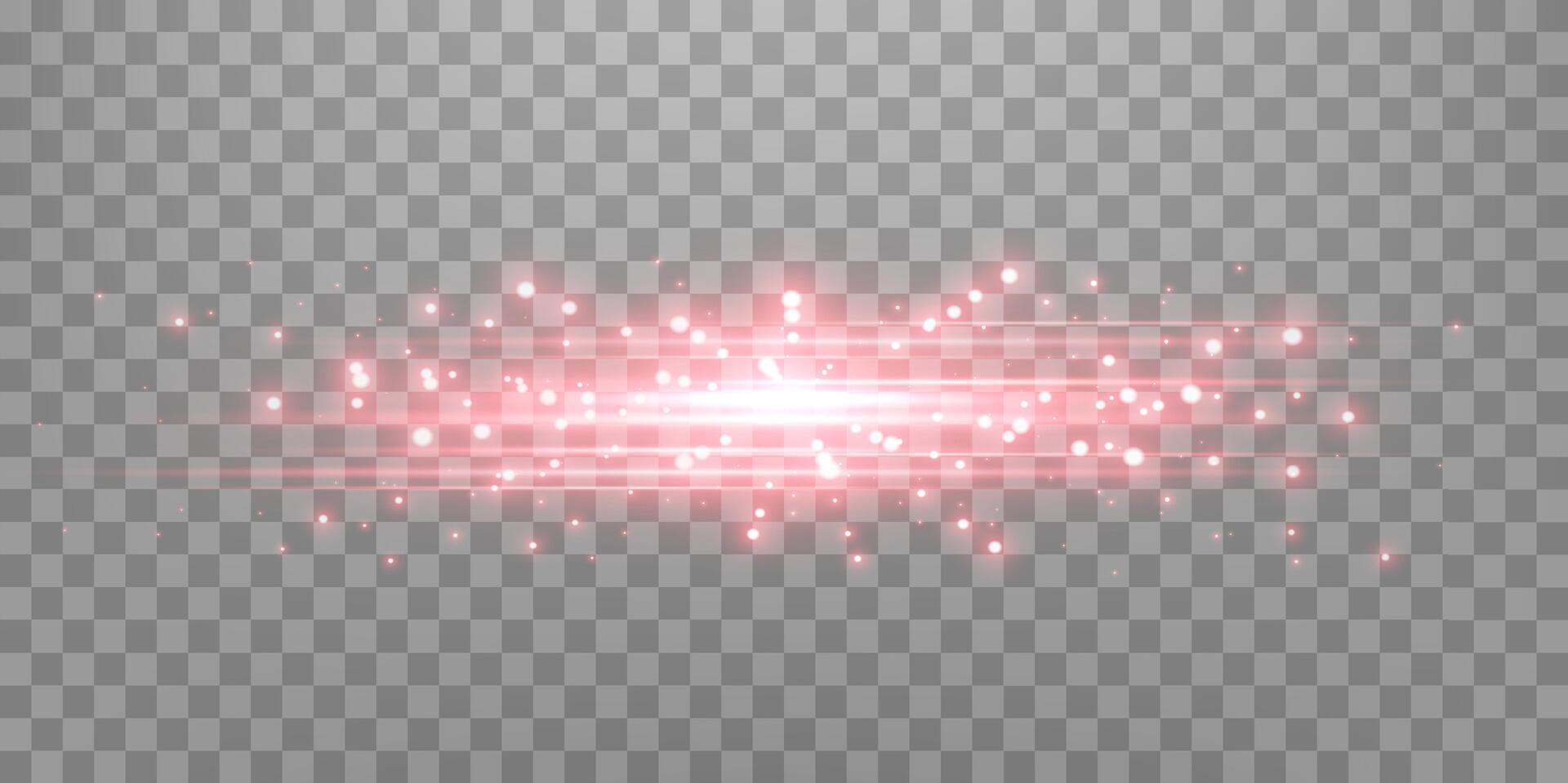 Red horizontal lensflare. Light flash with rays or spotlight and bokeh. Red glow flare light effect vector
