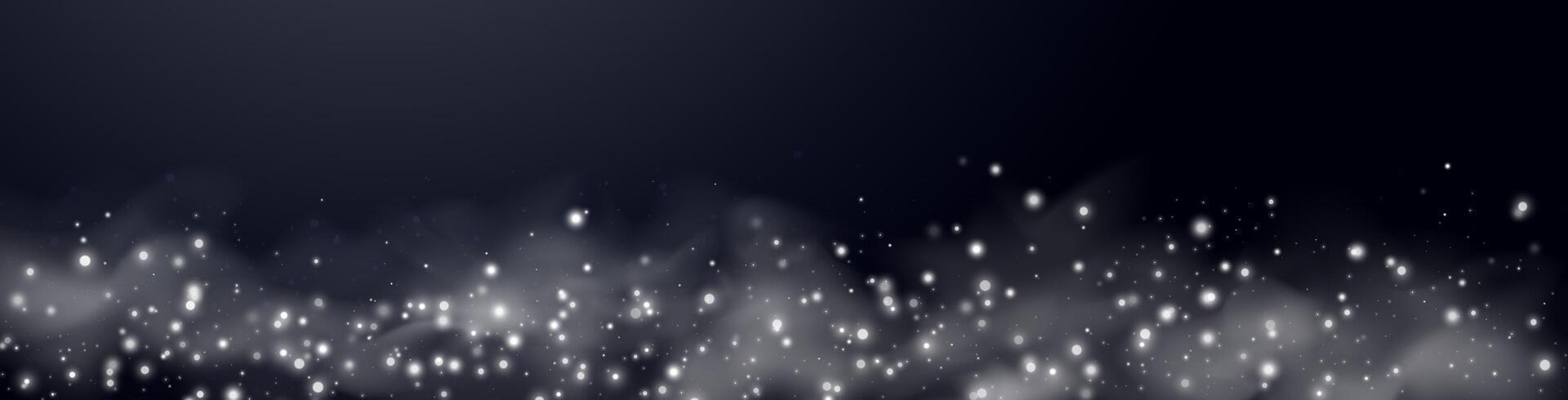 White glittering dots, particles, stars magic sparks. Dust cloud flare light effect. Silver luminous points with smoke. particles on black background vector