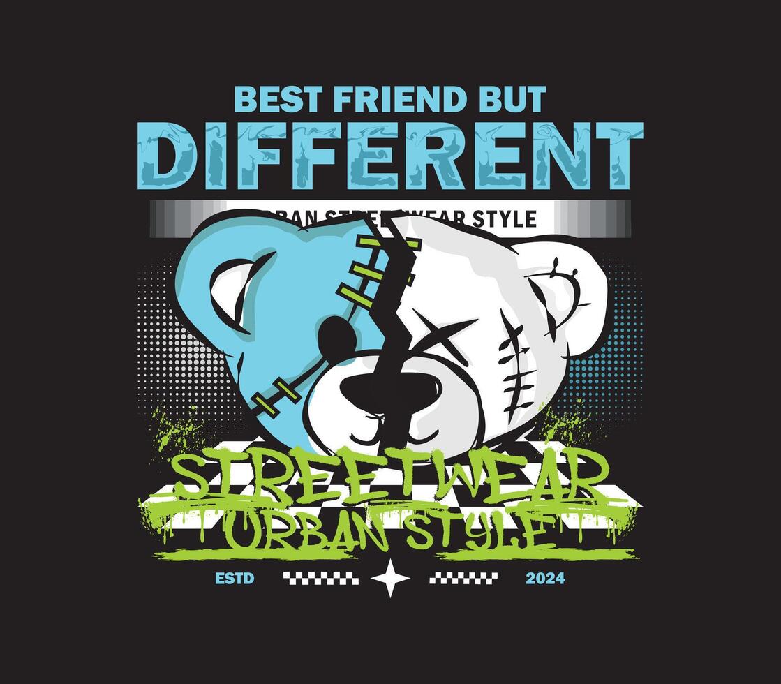 best friend slogan with colorful half bear doll cartoon in spray painted illustration design for fashion graphics, streetwear, hoodie, t shirt prints and more vector