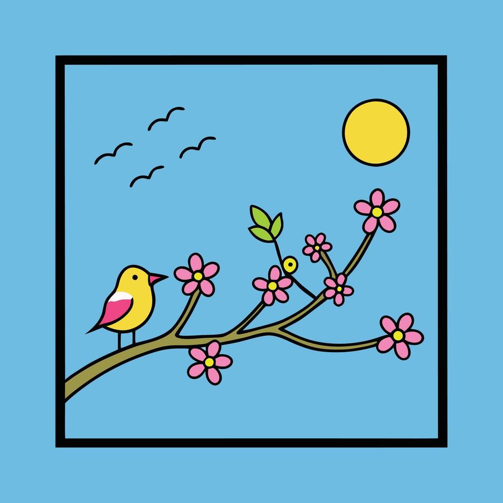 Springtime Bird on Blossom Branch, Framed Illustration, Sunny Sky vector
