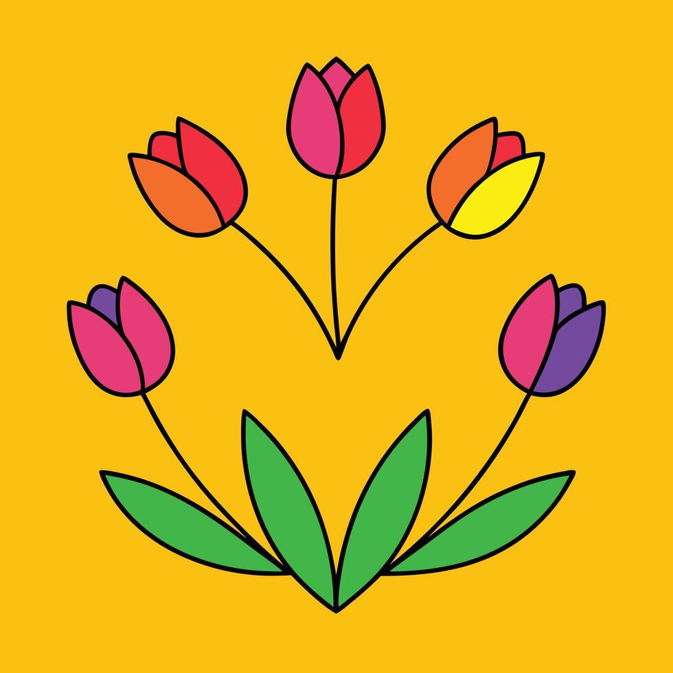 Stylized illustration of five vibrant tulips in orange, pink, purple, and yellow, arranged symmetrically with green leaves against a yellow background. vector