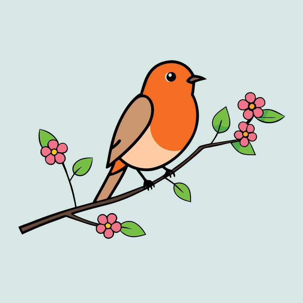 Cute Robin Bird on Branch with Spring Blossoms Illustration vector