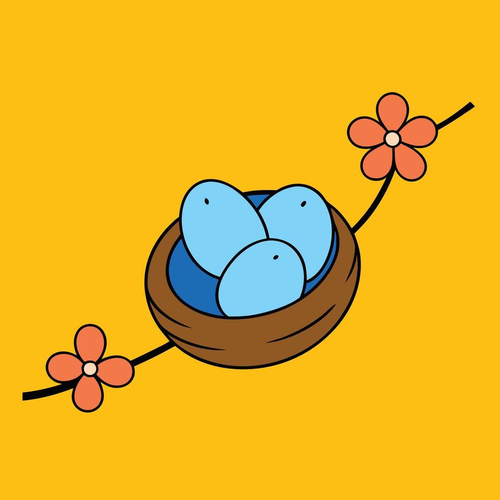 Cartoon bird nest with three eggs and a flower on yellow background vector