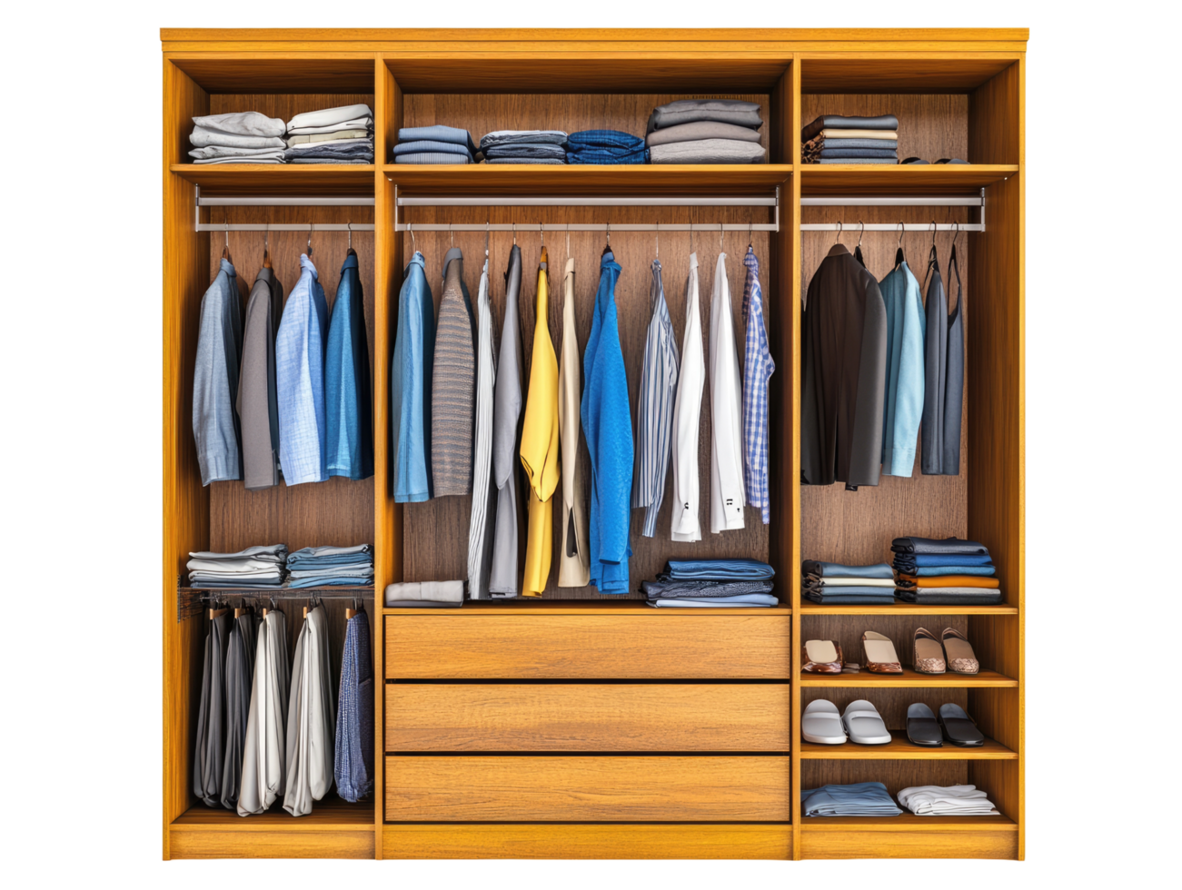 modern wooden closet with neatly organized clothing and shelves png