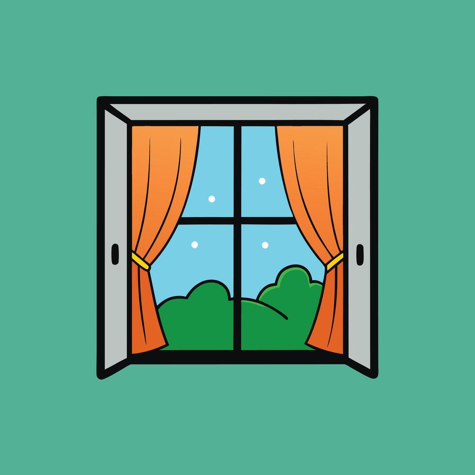 Open Window with Orange Curtains, Scenic View, Daytime Landscape vector