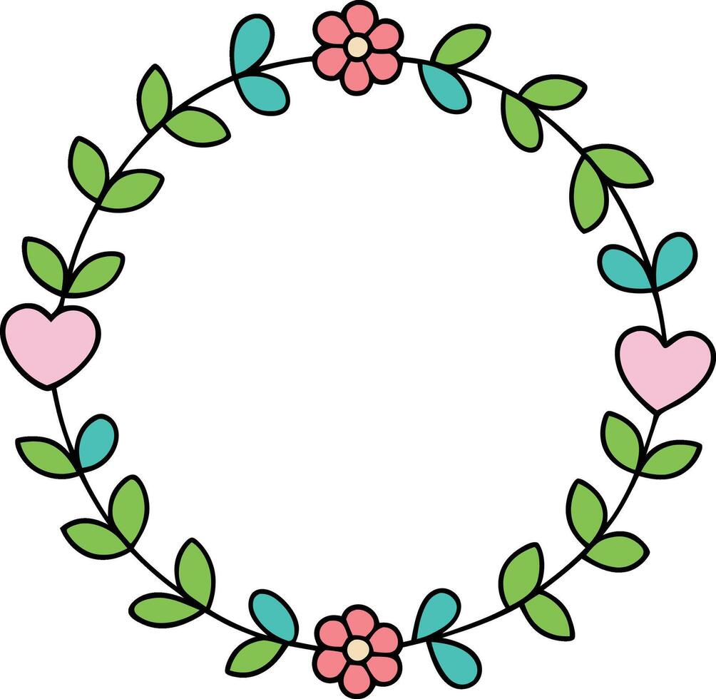 Floral Wreath Frame Hearts, Flowers, Leaves, Circular Design Element vector